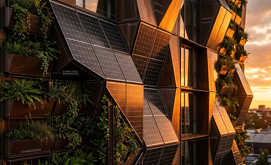 Sustainable modern building with green planters and integrated solar panels at sunset